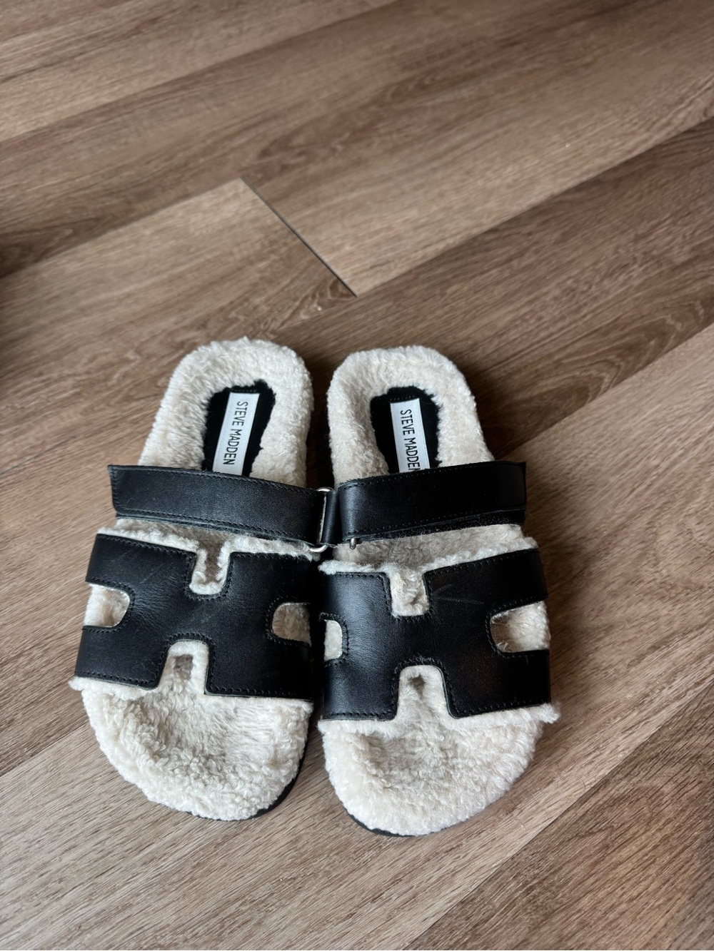 Steve Madden Black Leather Slide Mules with Cream Faux-Shearling Lining